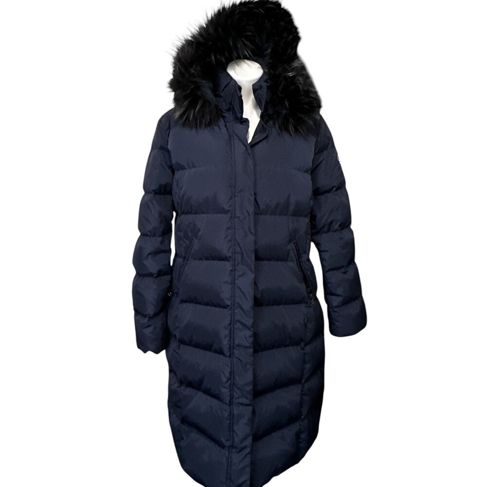 Orolay Long Puffer Down Coat Faux Fur Removable Hood Navy Zip Women's XL